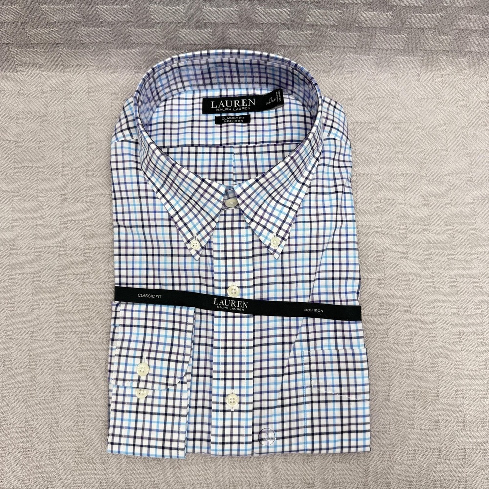Lauren Ralph Lauren Dress Shirt Mens‎ 17 34/35 Blue Check Classic Fit Non-Iron